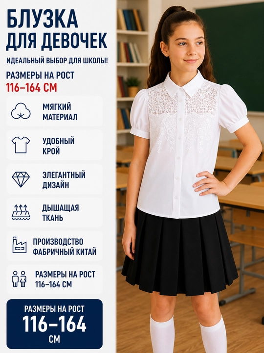 Школьная блузка для девочек, с коротким рукавом