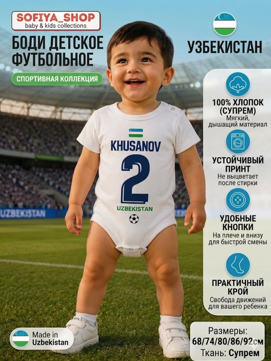 Paxtali bolalar bodisi O'zbekiston futbol jamoasi dizayni yozgi kiyim o'g'il qiz bolaga - 