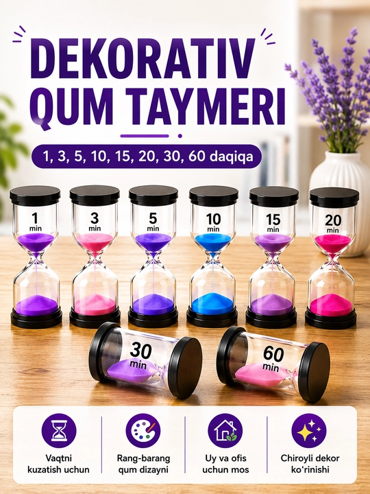 Dekorativ qum soatlari to‘plami – 1, 3, 5, 10, 15, 20 30 daqiqa - 