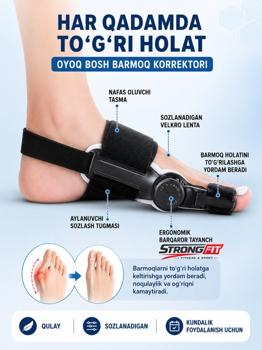Bosh barmoq fiksatori, sozlanadigan tasma bilan