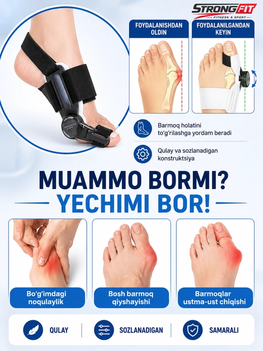 Bosh barmoq fiksatori, sozlanadigan tasma bilan