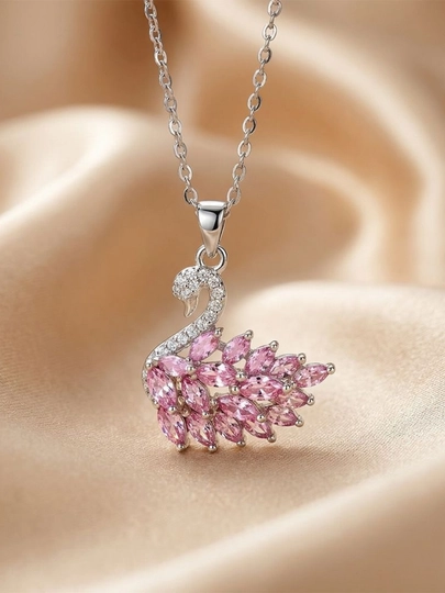 Изящная цепочка с кулоном лебедь в стиле Swarovski для женщин — MODAAZI-SWAROVISKIOQQUSH-РОЗОВ