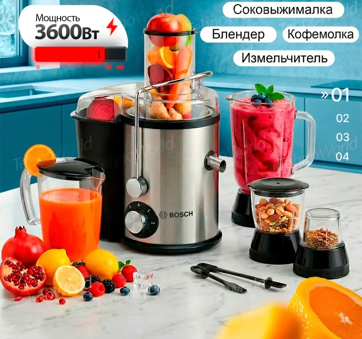 4 ta 1 da sharbat chiqargich, Blender, Kofe maydalagich, Sokovijimalka, mikser, blender