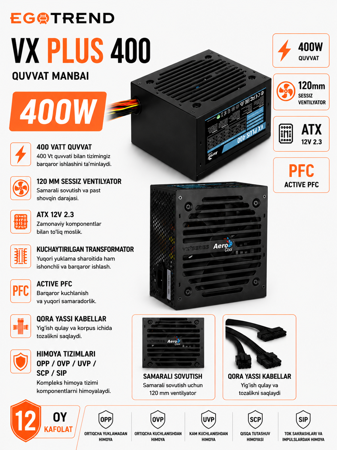 AEROCOOL VX PLUS 400W ATX quvvat bloki, 120 mm ventilyatorli,