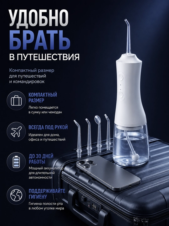 Ирригатор для зубов портативный, беспроводной, водонепроницаемый аппарат чистки брекетов⁠
