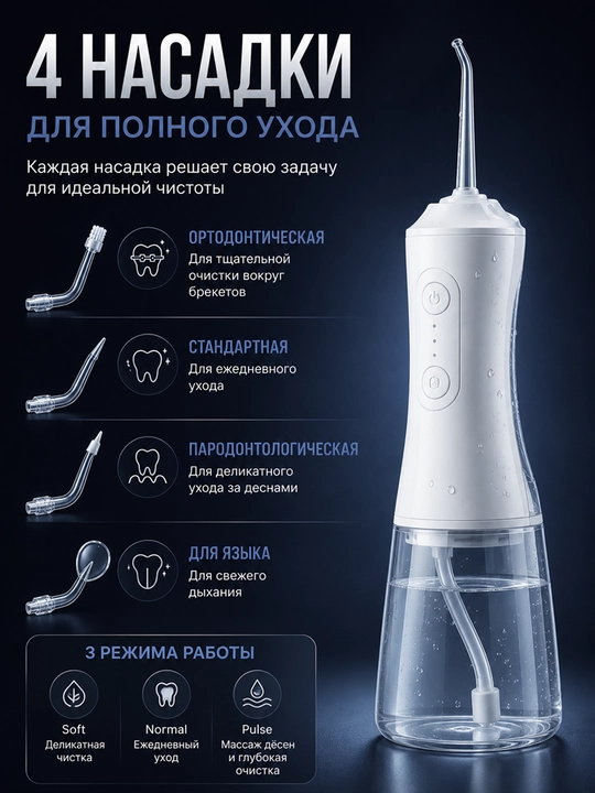Ирригатор для зубов портативный, беспроводной, водонепроницаемый аппарат чистки брекетов⁠