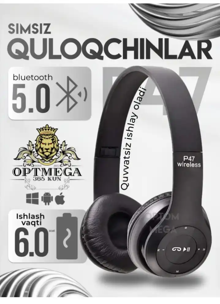 Simsiz quloqchinlar P47, Bluetooth 5.0, yig'iluvchan, mikrofon bilan, shovqinsiz