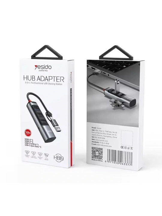 Адаптер-концентратор на Hub type-C Yesido 6si 1, LAN, адаптер, Hub, USB 3.0 адаптер, HB19 - 