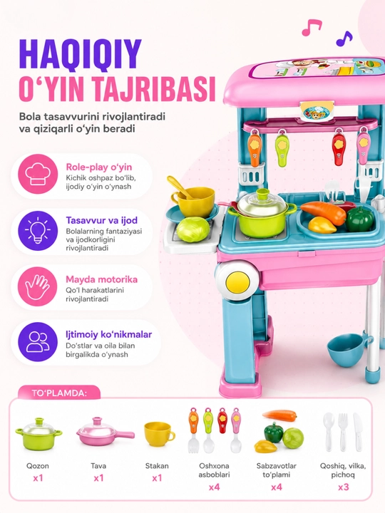 Детская кухня, кухонный набор посуды для детей Kitchen Chef в чемодане