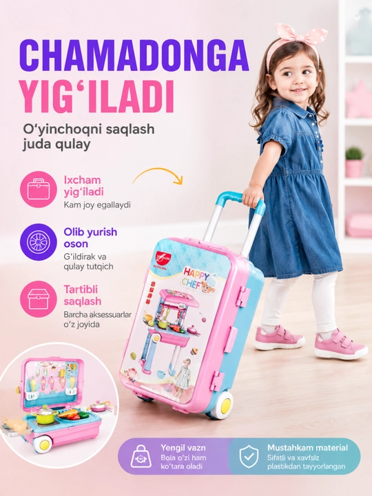 Детская кухня, кухонный набор посуды для детей Kitchen Chef в чемодане