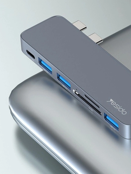 USB Hub, USB konsentratori,Yesido HB10 adapteri,MacBook adapteri,2xType-C, 3x USB, TF, SD