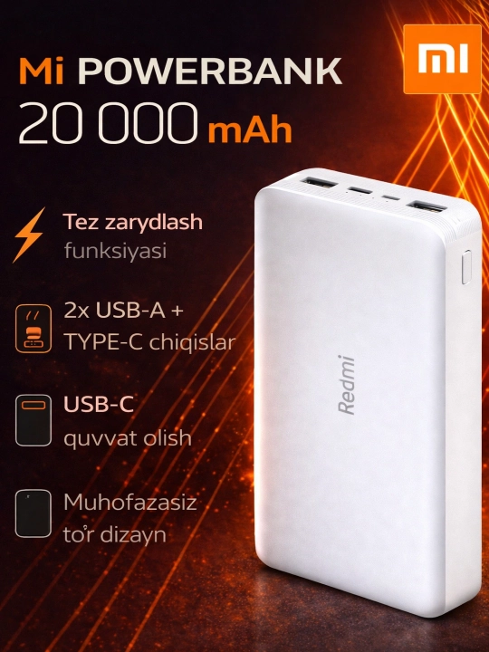 Redmi 20000 mA/soat tashqi akkumulyatori 18 Vt tez zaryadlash imkoniyati bilan