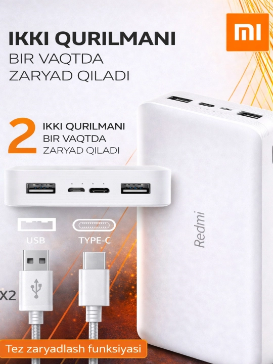 Redmi 20000 mA/soat tashqi akkumulyatori 18 Vt tez zaryadlash imkoniyati bilan