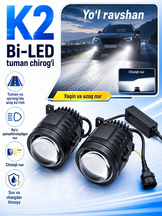 BI-LED tuman fara/proyektor linza to‘plami COBALT. LASETTI. NEXIA 2 va MATIZ uchun