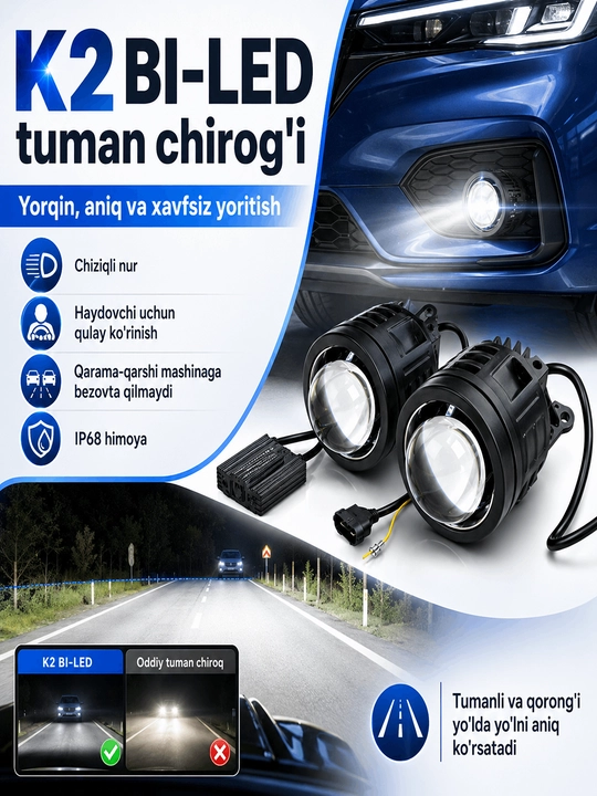 BI-LED tuman fara/proyektor linza to‘plami COBALT. LASETTI. NEXIA 2 va MATIZ uchun