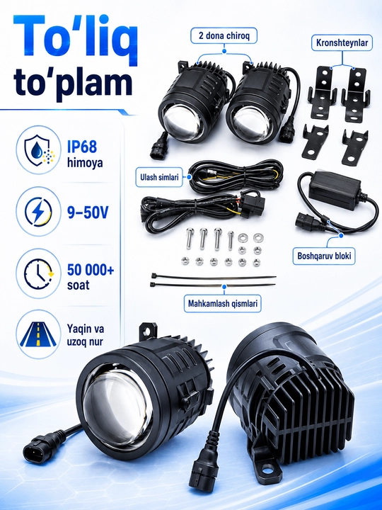 BI-LED tuman fara/proyektor linza to‘plami COBALT. LASETTI. NEXIA 2 va MATIZ uchun