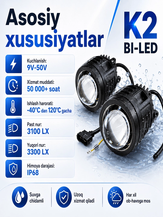 BI-LED tuman fara/proyektor linza to‘plami COBALT. LASETTI. NEXIA 2 va MATIZ uchun