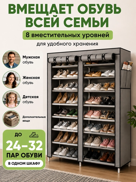 Тканевый шкаф для обуви 8 полок, обувница закрытая, органайзер для хранения вещей