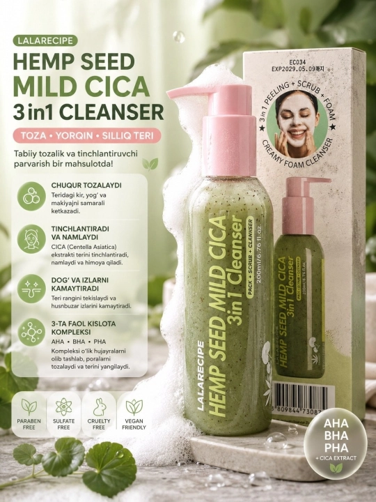 LALARECIPE Penka Yuzu Self Foaming 3 в 1 с AHA и BHA для очищения лица, 200 мл