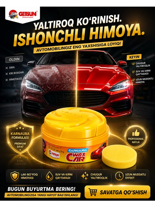 GETSUN Carnauba Car Wax – Avtomobil kuzovi uchun himoya va yaltiroq mum, avtopolirovka - 