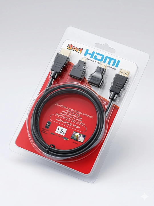 3-in-1 HDMI Kabel To‘plami — 1.5 metr, Mini HDMI va Micro HDMI adapterlari bilan - 