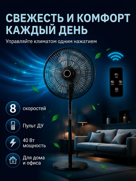 Вентилятор напольный с пультом, 8 скоростей, 40Вт, для дома и офиса