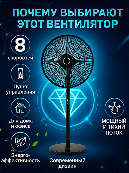 Вентилятор напольный с пультом, 8 скоростей, 40Вт, для дома и офиса