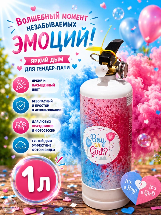 Огнетушитель ГЕНДЕР ПАТИ, цветной дым 1 л - 
