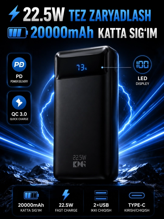 KPG Power Bank 20000mAh 22.5W Fast Charge PD QC3.0 LED Дисплей Внешний Аккумулятор - 