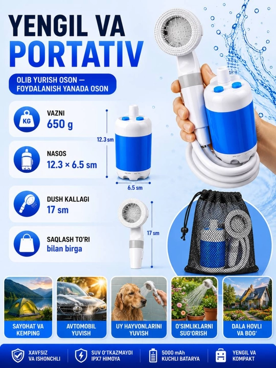 Portativ elektr dush, 5000 mAh, USB zaryadli, 2 rejimli, kemping va sayohat uchun