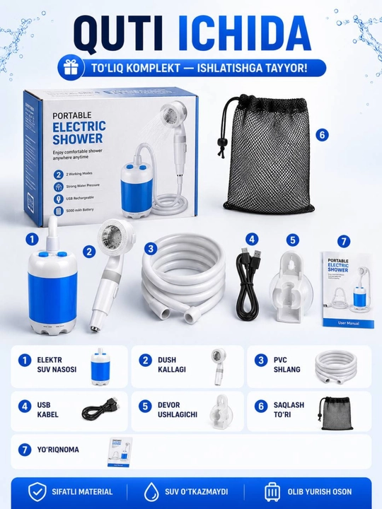 Portativ elektr dush, 5000 mAh, USB zaryadli, 2 rejimli, kemping va sayohat uchun