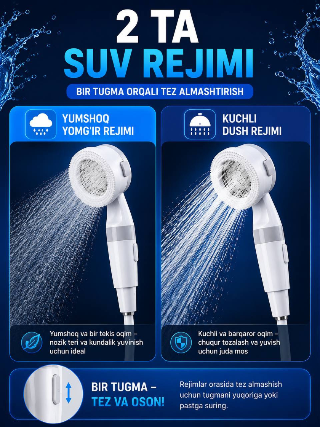 Portativ elektr dush, 5000 mAh, USB zaryadli, 2 rejimli, kemping va sayohat uchun