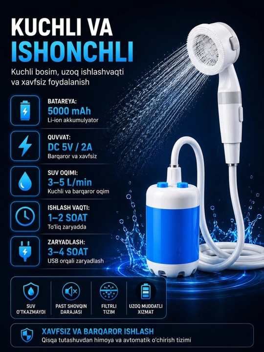 Portativ elektr dush, 5000 mAh, USB zaryadli, 2 rejimli, kemping va sayohat uchun