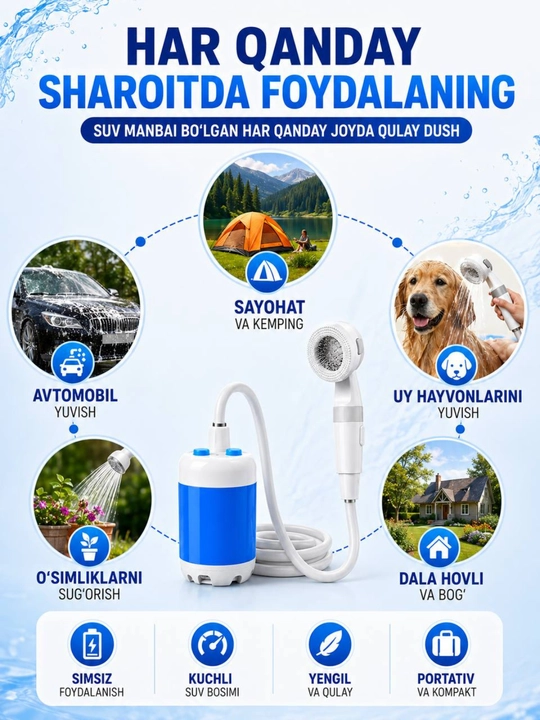 Portativ elektr dush, 5000 mAh, USB zaryadli, 2 rejimli, kemping va sayohat uchun