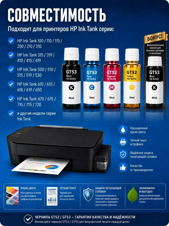 Чернила HP GT52 и GT53XL для принтеров Ink Tank обеспечивают чёткий текст и яркие цвета - 