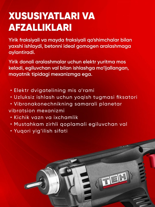TEH TCV1100 beton vibratori, portativ, yuqori quvvatli, bulava 35 mm