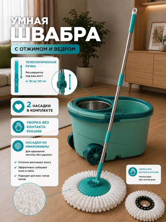 Швабра с ведром и отжимом 10 л, набор для уборки, вращение 360°, 2 насадки из микрофибры