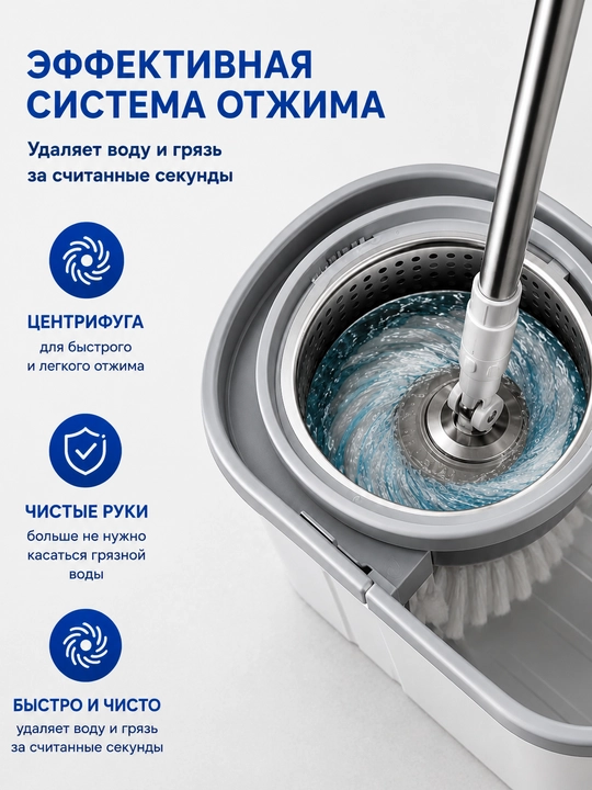 Швабра с ведром и отжимом 10 л, набор для уборки, вращение 360°, 2 насадки из микрофибры