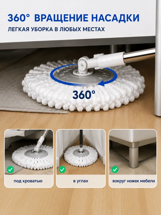Швабра с ведром и отжимом 10 л, набор для уборки, вращение 360°, 2 насадки из микрофибры