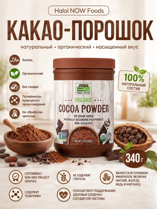 Halol NOW Foods, Real Food, Какао порошок органический, 340 г, Халяль - 