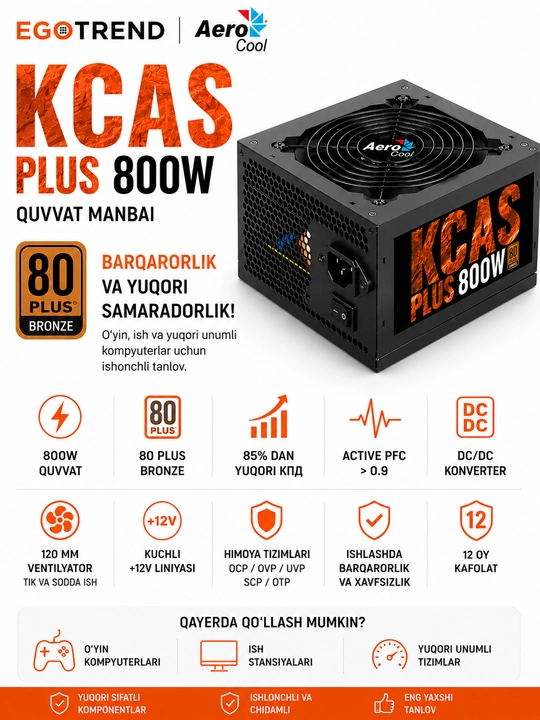 AeroCool KCAS Plus 800W 80 Plus Bronze ATX Kompyuter uchun quvvat manbai, APFC, DC/DC,