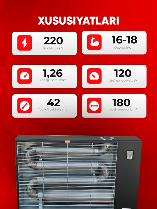 TEH TFH 16 dizel isitkich (infraqizil), 16–18 kVt, 220 V, isitish maydoni 180 m², bak 42 l
