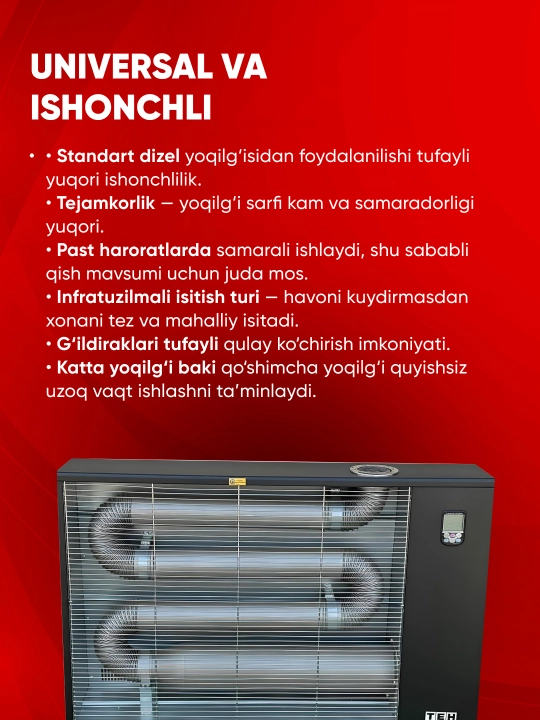 TEH TFH 16 dizel isitkich (infraqizil), 16–18 kVt, 220 V, isitish maydoni 180 m², bak 42 l
