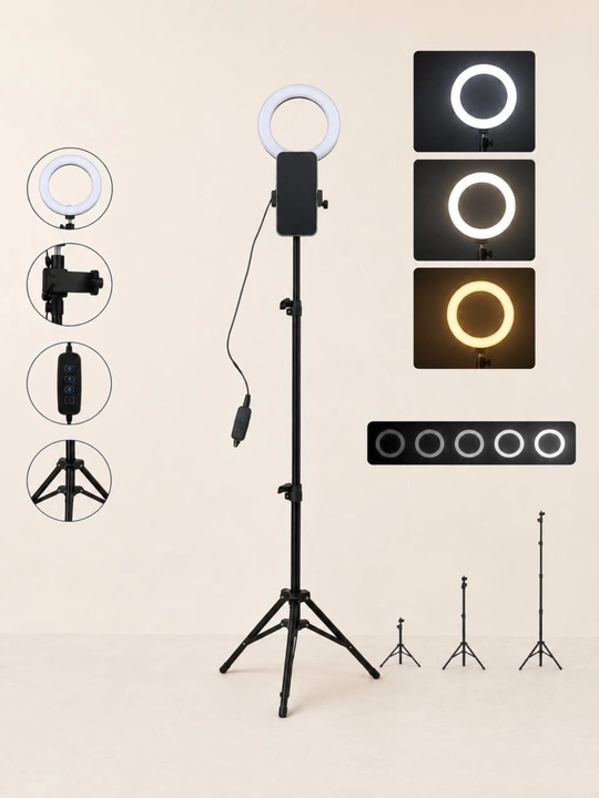Shtativli halqasimon selfi uchun LED lampa, 16-20 sm, 3 xil yoritish rejimi - 