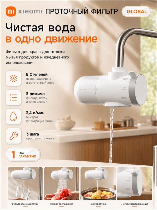 Проточный фильтр на кран Xiaomi Faucet Water Purifier, 5 ступеней фильтрации - 