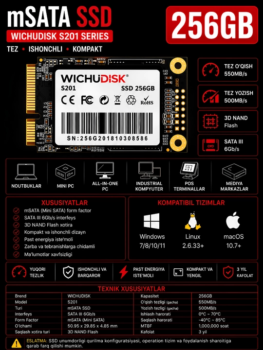 Wichudisk mSATA SSD 128 ГБ 256 ГБ 512 ГБ 1 ТБ