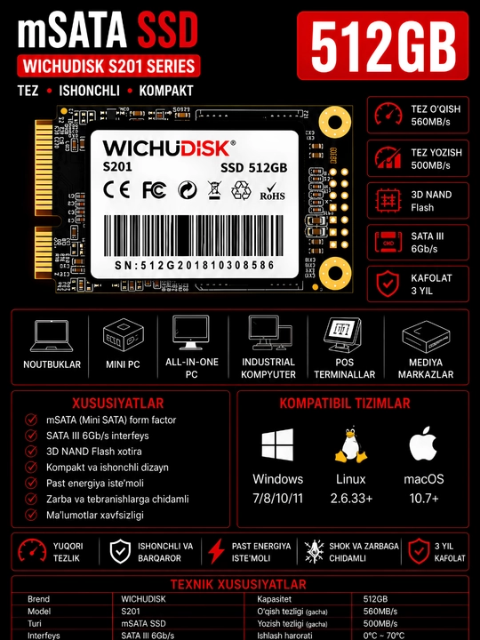 Wichudisk mSATA SSD 128 ГБ 256 ГБ 512 ГБ 1 ТБ