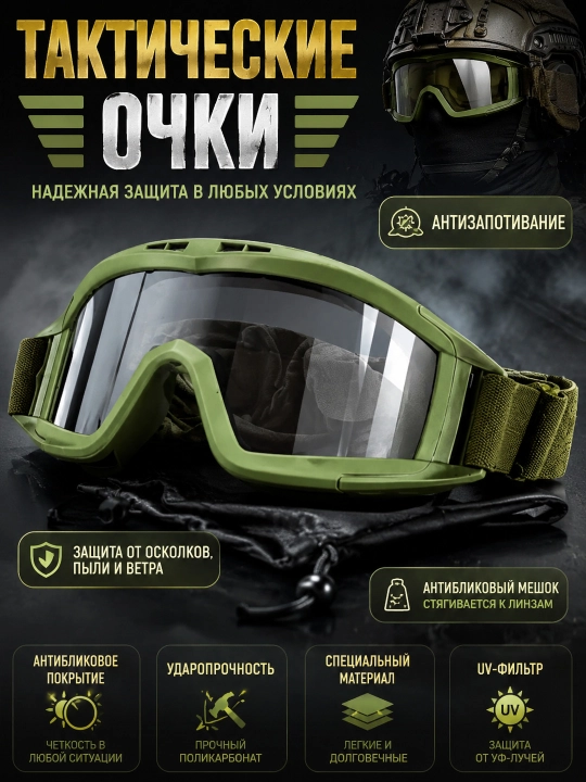 Баллистические очки из поликарбоната с защитой от пыли, ударов и запотевания - 