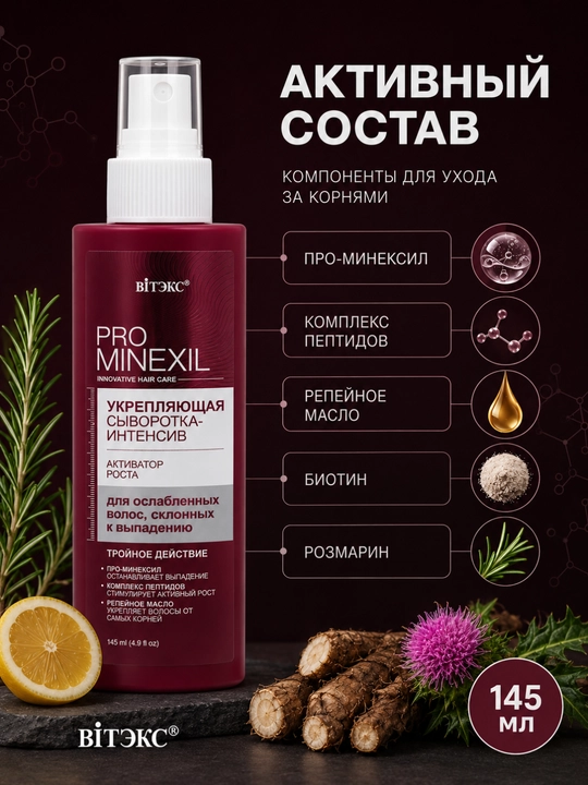 Сыворотка-интенсив для ослабленных волос PRO MINEXIL, активатор роста, 145 мл, Витэкс