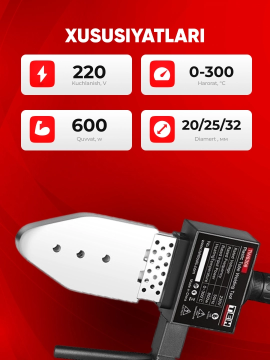 Plastik quvurlarni payvandlash uchun apparati ТЕН TW6306 600 Vt, 220 V, 0–300 °C